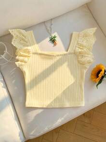 SHEIN 少女夏季休閒鏤空刺繡拼接T恤 - 黃色 - 查看 6