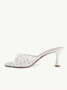 CUCCOO CHICEST Summer New Mesh Polka Dot Sandals Women's Round Toe Thin Heel Bow Breathable High Heels Outside Sandals - White - View 4