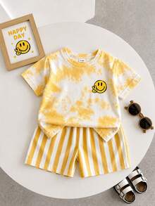 SHEIN Playful Pals 2件組男嬰度假休閒面料紮染T恤與條紋短褲套裝，夏季套裝 - 彩色 - 查看 4