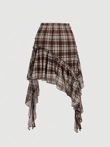 SHEIN MOD Plus Size Brown Plaid Asymmetric Ruffle Design Skirt, Vintage Preppy Style, Casual Outing Outfit, Retro Daily Wear - Brown - View 3