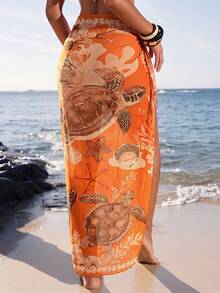 Swim Vcay 女款春夏新款海洋風海龜珊瑚貝殼3D數位印花網紗沙灘罩裙，熱帶風情，沙灘派對、泳池派對、度假派對、春假、波希米亞風，女款夏季休閒沙灘度假穿搭 - 橘色 - 查看 2