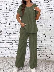 EMERY ROSE Women's Solid Color Ribbed Batwing Sleeve Top And Straight Pants Casual Suit - Army Green - View 7