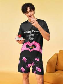 Notgurli Set pigiama casual da uomo estivo con stampa, girocollo, maniche corte e pantaloncini, semplice e comodo, loungewear - Multicolore - Visualizzare 1