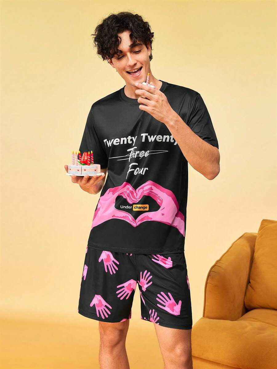 Notgurli Set pigiama casual da uomo estivo con stampa, girocollo, maniche corte e pantaloncini, semplice e comodo, loungewear - Multicolore - Visualizzare 1