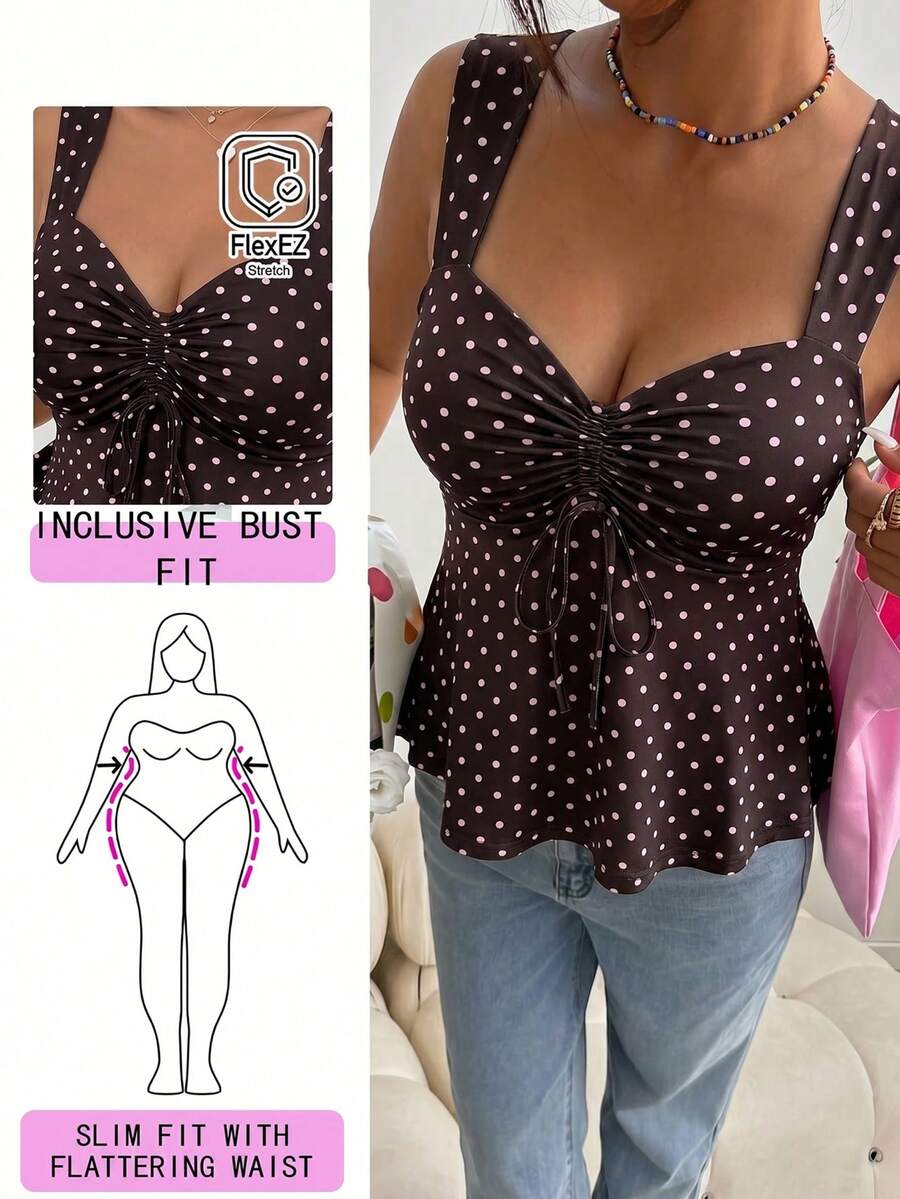 Solflare Brown Plus Size Women's Polka Dot Pattern Front Tie Top - Brown - View 1