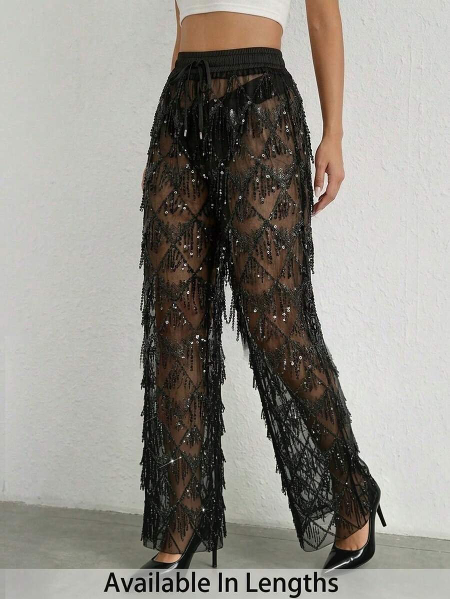 SHEIN Tall CURVE 女款大尺碼半透明高腰寬鬆長褲 - 黑色 - 查看 1