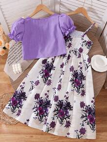 SHEIN 2 piezas/Set Conjunto de camisa y vestido elegante estilo vacaciones para niñas, camisa de manga abullonada texturizada de unicolor y vestido camisola, diseño de encaje en contraste y floral, adecuado para viajes de primavera/verano, playa y uso al aire libre - Morado - Ver 4