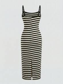 SHEIN 青少年女孩夏季新款紋理黑白條紋細肩帶洋裝，休閒、日常、時尚、百搭、復古、街頭風、姐妹拍照、公園、露營、出遊、派對 - 彩色 - 查看 2