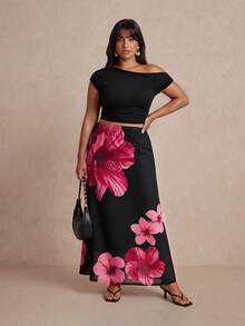 Elaquor Große Größen Damen Mesh bedruckter Rock, schwarzes elegantes Damen Urlaubskleid mit Meerjungfrauensaum und Blumenmuster, Damen Sommerkleidung, Sommerbekleidung, Outfit für Country Music Festival, Urlaubskleid, Strandoutfit, Y2K Stil Rock - Verschiedenfarbig - Übersicht 1