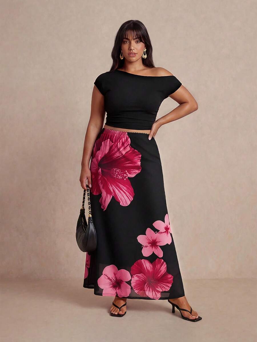 Elaquor Große Größen Damen Mesh bedruckter Rock, schwarzes elegantes Damen Urlaubskleid mit Meerjungfrauensaum und Blumenmuster, Damen Sommerkleidung, Sommerbekleidung, Outfit für Country Music Festival, Urlaubskleid, Strandoutfit, Y2K Stil Rock - Verschiedenfarbig - Übersicht 1