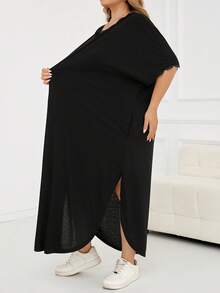 SHEIN CURVE+ 大尺碼女款春夏新款時尚通勤休閒口袋設計開衩長款袍裙 - 黑色 - 查看 6