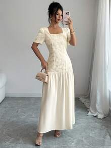 SHEIN Clasi Sommer Neues Mode Quadratischer Ausschnitt Kurzarm Stickerei Perlen Patchwork Tailliert Minimalistisch Exquisit Vielseitig Täglich Damen Langkleid - Aprikosenfarben - Übersicht 5