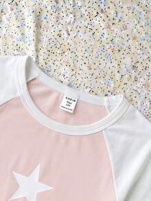 SHEIN 青少年女孩短袖拼接撞色星星印花彈性修身T恤 - 粉色 - 查看 4