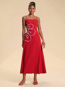 Travachic Vacation Petal Embroidery Cutout Ruched Cami Dress Vacation Red Floral Summer Elegant - Red - View 3