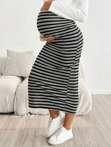 SHEIN 孕婦可調腰圍條紋側開衩下擺休閒裙 - 黑與白 - 查看 4