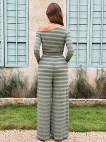 Lyckli Women's Maternity 2-Piece Casual Set: Striped Asymmetric-Neck Long-Sleeve T-Shirt & Drawstring-Waist Pants (Autumn) Fall - Green - View 4