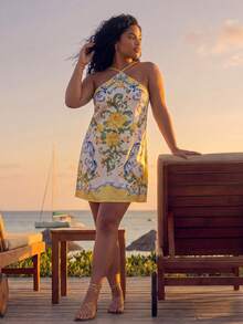 CAJUNI Plus Size Women Floral Print Casual Sleeveless Dress - Yellow - View 6