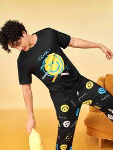 Notgurli Men's Summer Printed Crew Neck Short Sleeve Long Pants Casual Minimalist Comfortable Home Wear Pajama Set - Black - View 4
