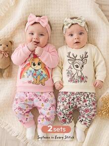 Cozy Pixies Conjunto de 2 piezas para bebé niña recién nacida con top de punto suave de manga larga, cuello redondo, estampado de animales de dibujos animados, cintura elástica y pantalones largos de invierno - Rosa - Ver 13