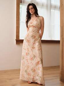 Revavyn Women's Dress A-Line Long V-Neck Sleeveless High Waist Floral Print Elegant Romantic Sweet Beige Pink Floral Elegant Dresses For Party - Multicolor - View 4