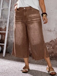 EMERY ROSE EMERY ROSE Plus Size Casual Washed Wide Leg Denim Jeans - Brown - View 7