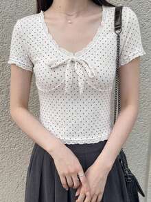 Dazy Tall 女款高個子長袖波點蕾絲拼接休閒T恤，適合高個女孩的可愛上衣 - 彩色 - 查看 3