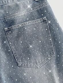 ROMWE MEN Men's Loose Denim Shorts With Pearl Decor And Sparkling Diamond - Light Wash - View 5