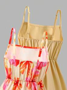 SHEIN Elladie kids 女童休閒甜美花卉與素色拼接細肩帶洋裝，適合日常穿著、夏季、戶外與度假 - 黃色 - 查看 5