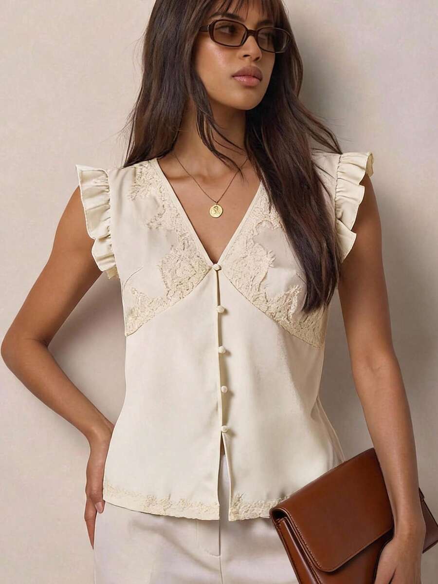 COSMINA Blusa sin mangas elegante y romántica de verano para mujer con patchwork de encaje, color blanco crema, para brunch y fiesta de té - Albaricoque - Ver 1