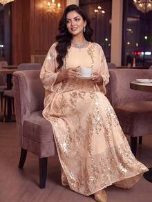 Auveirra Plus Size Women's Sequin Batwing Sleeve Loose Party Dress,Blush Pink,Summer,Country,Elegant,Formal,Wedding Ninang, Al-Adha Ceremony Outfits Vacation - Apricot - View 3