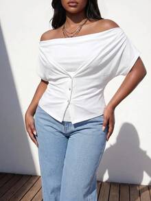 Truni Áo crop top size lớn màu trắng trễ vai tay ngắn nhún bèo đính cúc bên hông - Màu be - Xem 6
