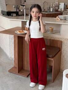 SHEIN Casuvi Kids 少女休闲运动裤，简约logo图案撞色口袋装饰连帽针织慢跑裤，宽松阔腿长裤 - 酒紅色 - 查看 4