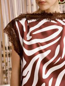 Arave Women's Brown Zebra Print Satin Fabric Elegant Solid Color Lace Patchwork Asymmetric Hem Blouse, Date Dinner, Summer Outfits, Summer Tops - Brown - View 7