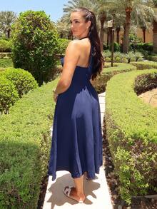 MDEdit Women's Halter Neck Ruched Bow Swing Dress, Navy Color Party Women Outfits,New Years Eve Outfit,Princess Women Dress For New Year Elegant Summer - Navy Blue - View 4