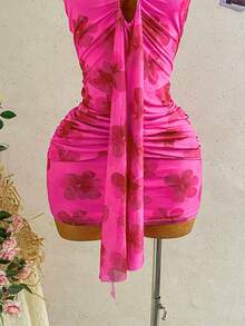 Soleia Women's Pink Floral Summer Boho Sexy Holiday Vacation Casual Dress, V-Neck Tie Strap Bow Tie Waist Ruched Mini Dress For Beach Night Out,Cruise,Party - Pink - View 6