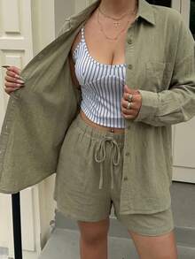 Muchica Plus Size Women Solid Color Fashion Loose Long Sleeve Shirt And Shorts 2pcs Set Vacation Olive Green Autumn Smart Casual Normal Fall Date Night Brunch - Army Green - View 5