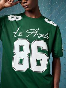 EVRINFINITE 男士數字86與「Los Angeles」手寫字母圖案印花T恤，寬鬆舒適，適合休閒、運動、校園活動，聚酯纖維材質，快乾易洗，情侶穿搭度假款 - 墨綠色 - 查看 6
