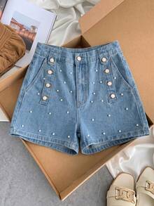 GlowEve CURVE Pantaloncini in denim casual con perline per donne taglie forti - Blu lavato medio - Visualizzare 7