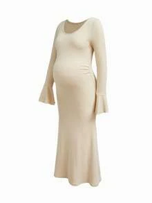 Modmama Maternity Solid Color Round Neck Flared Sleeve Slim Fit Elegant Dress Fall,Autumn Outfit For Women Photoshoot Beige - Apricot - View 4