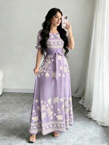 Modelyn Vestido de línea A de manga larga con cuello redondo, con estampado digital de flores y patrón triangular, cintura ceñida, de moda, para primavera - Multicolor - Ver 1