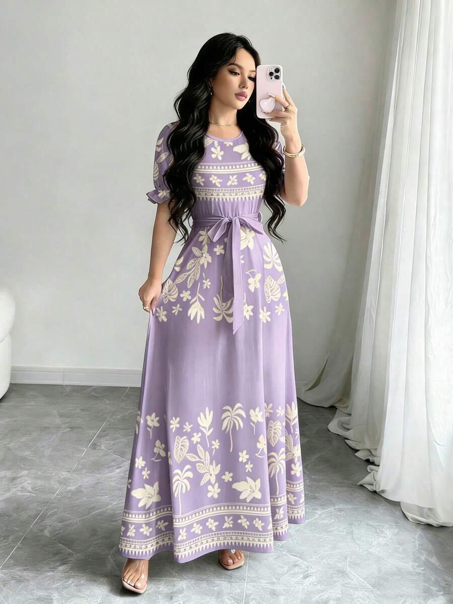 Modelyn Vestido de línea A de manga larga con cuello redondo, con estampado digital de flores y patrón triangular, cintura ceñida, de moda, para primavera - Multicolor - Ver 1