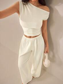 SHEIN PETITE Women's Spring/Summer Elegant Modest Casual Off-White Open Shoulder Top And Pants Two Pieces Set Vacation Petite - Apricot - View 7