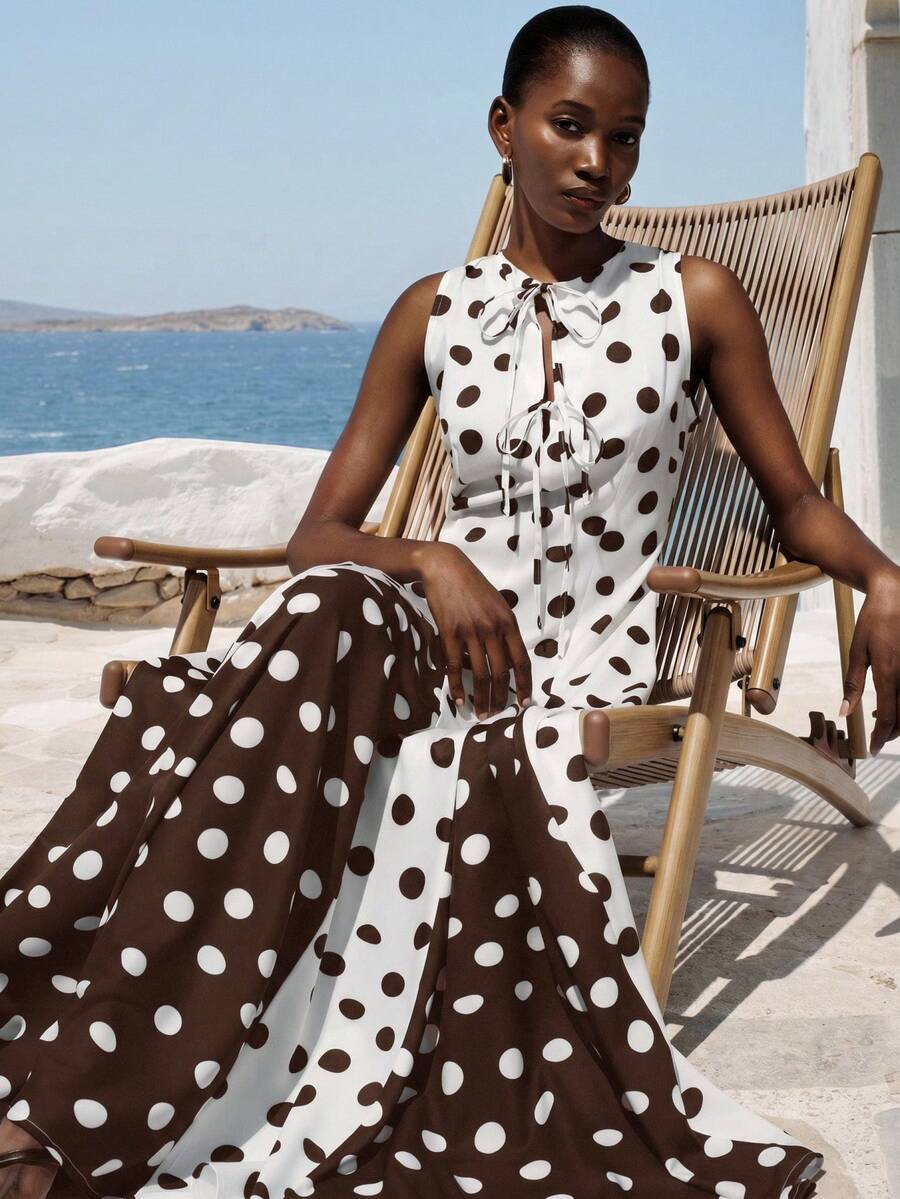 Aveloria Modichic Minimalist Black & White Polka Dot Sleeveless Tie Neck Dress, Vintage Youthful Style, Suitable For Summer Picnic, Beach Vacation, Date, Women's Ultra Long Dress - Multicolor - View 1
