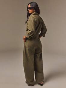 Athîral Denim 女款時尚百搭鈕扣口袋寬鬆休閒牛仔連身褲 - 軍綠色 - 查看 2