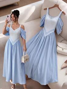 Elenzga Elegant Romantic Exquisite Women's Spaghetti Strap Sexy Off-Shoulder Print A-Line Vacation Dress - Dusty Blue - View 3