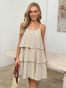 Easowa Multi-Layer Ruffle Hem A-Line Spaghetti Strap Dress With Yarn-Dyed Blue And White Striped Pattern Beach Summer Boho - Multicolor - View 5