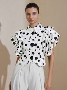 Revavyn Women's Blouse Slim Fit Waist Wide Silhouette Layered Ruffle Butterfly Sleeve Pointed Lapel Button Up Party White And Black Polka Dot Summer - Black and White - View 6
