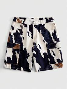 ROMWE MEN Street Life Men's Vintage Cow Print Cargo Denim Shorts, High Street Brand Multi-Pocket Straight Leg Mid-Length Pants, Hip Hop Street Style Loose Wide Leg Shorts, Summer Washed Rugged Denim Mid-Length Pants - Apricot - View 1
