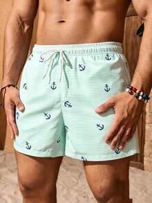 Manfinity KASUA Pantalones cortos de playa de doble capa con cintura con cordón y rayas de ancla para vacaciones de hombres - Verde - Ver 5