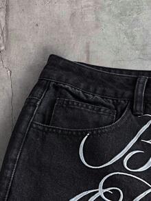 AXEPEAK Men's Summer Casual Letter Embroidered Denim Shorts - Black - View 5